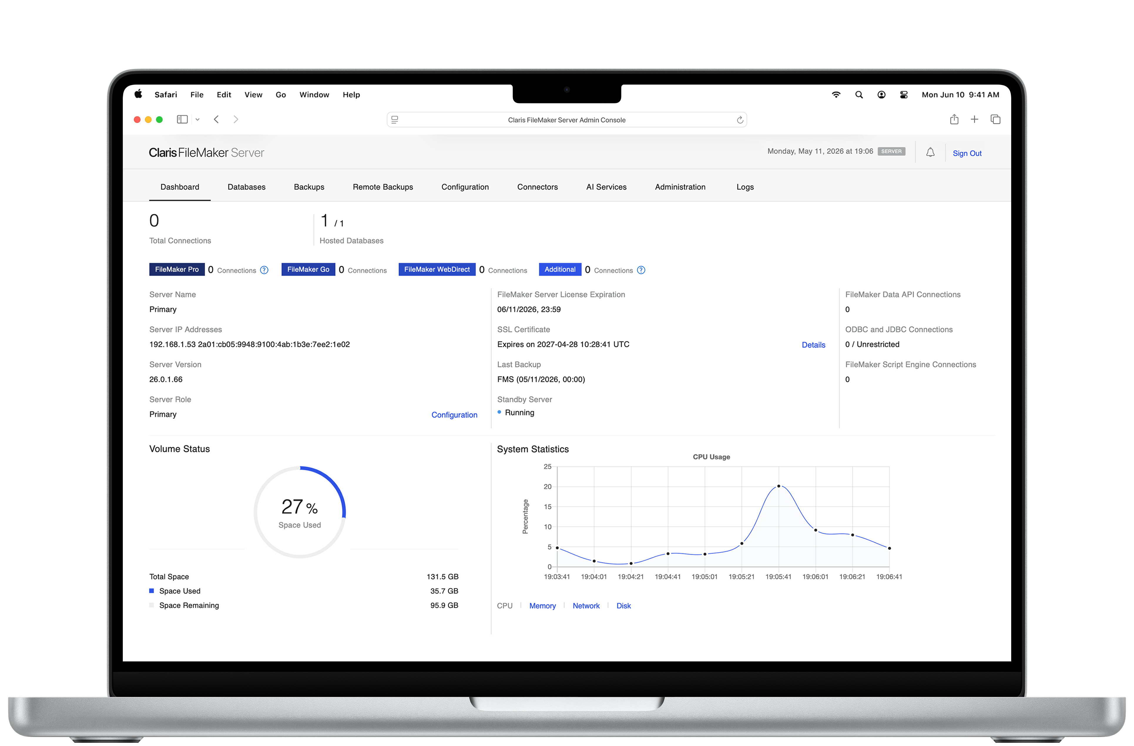 Claris FileMaker Server Admin Console view