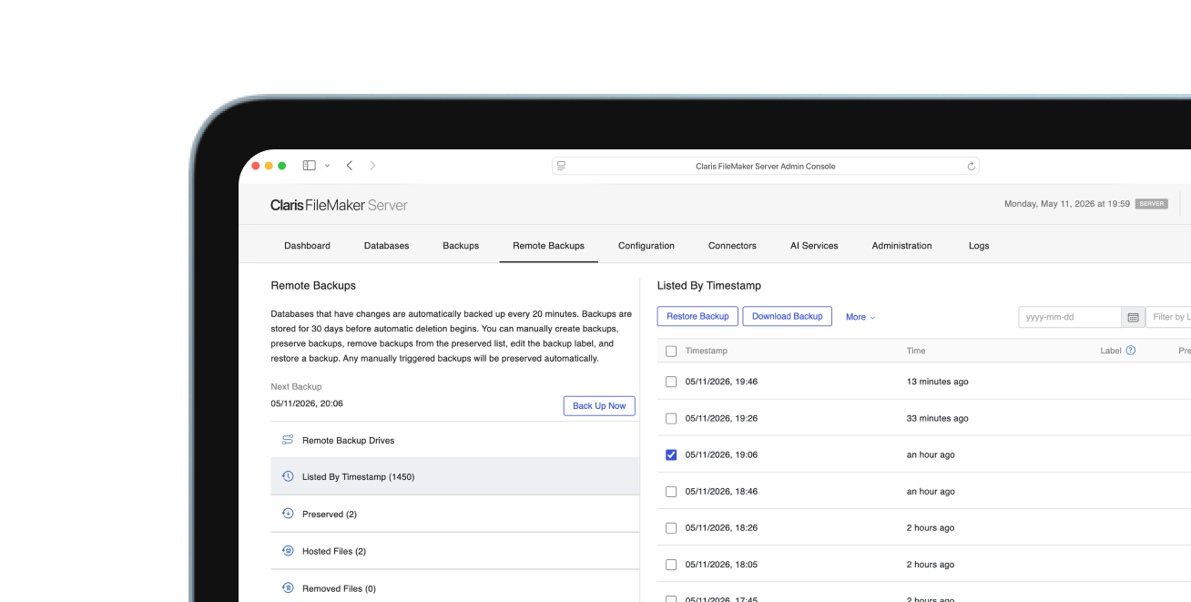 Remote backup screen in the Claris FileMaker Server Admin Console.