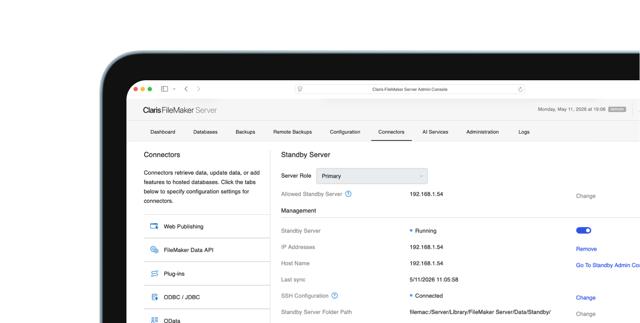 Standby Server screen in the Claris FileMaker Server Admin Console.